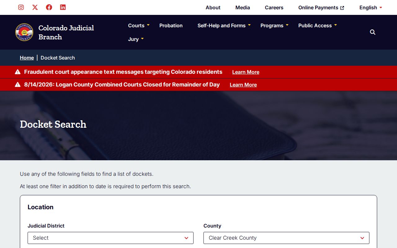 Clear Creek County case lookup prefiltered docket search