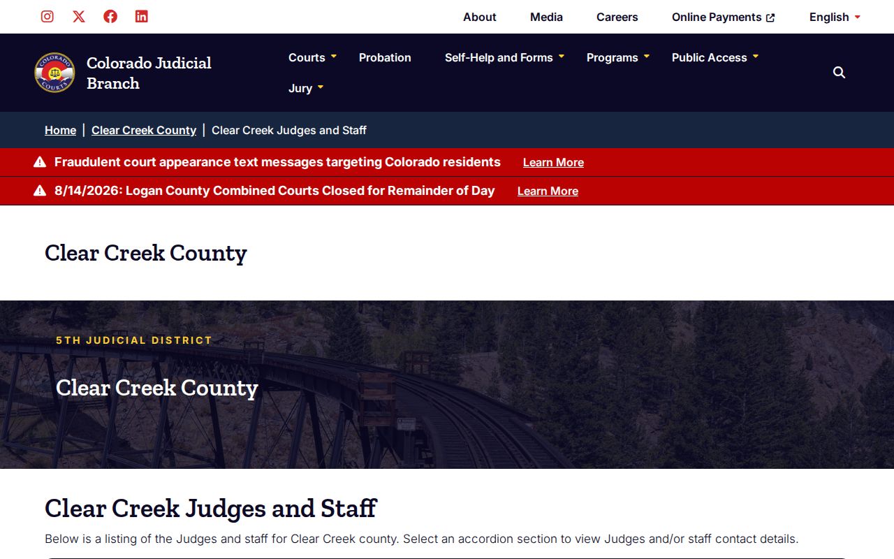Clear Creek County court docket judges and staff directory