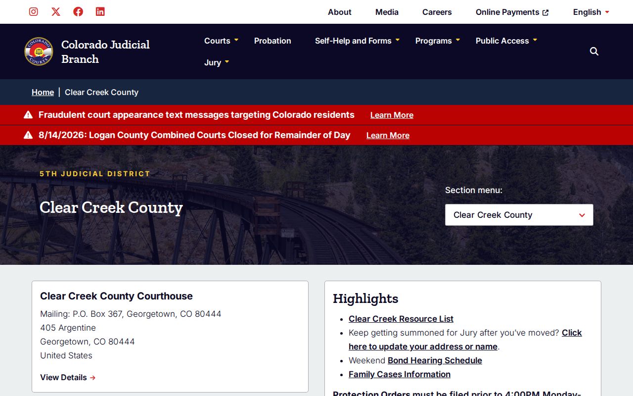 Clear Creek County court docket trial courts page