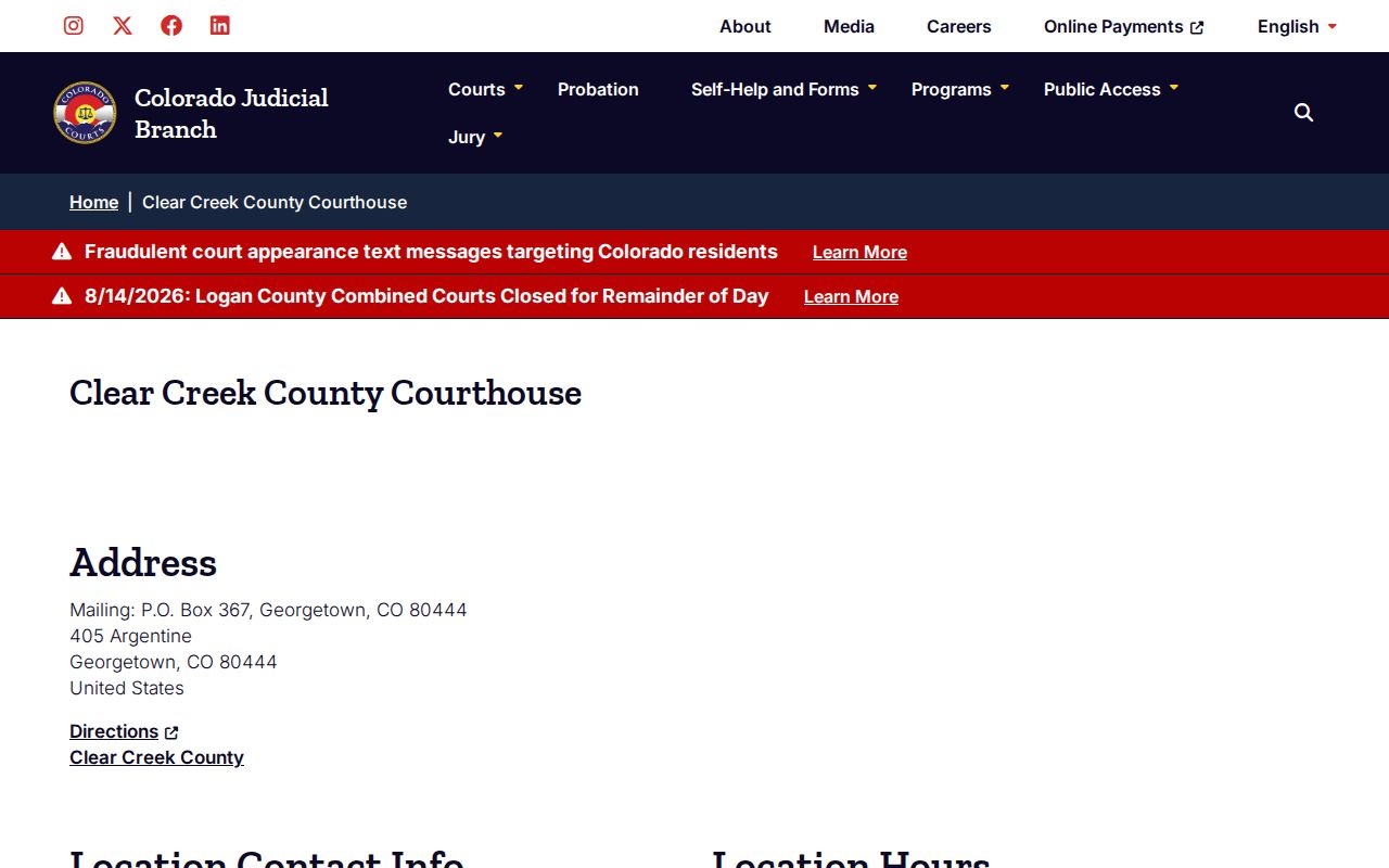 Clear Creek County court docket courthouse contact page
