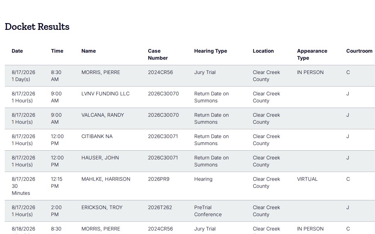 Clear Creek County court calendar printable results