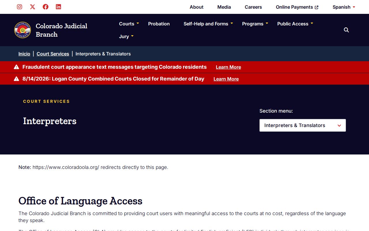 Clear Creek County court calendar interpreter service information