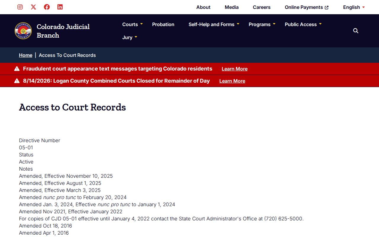 Clear Creek County criminal docket access directive page