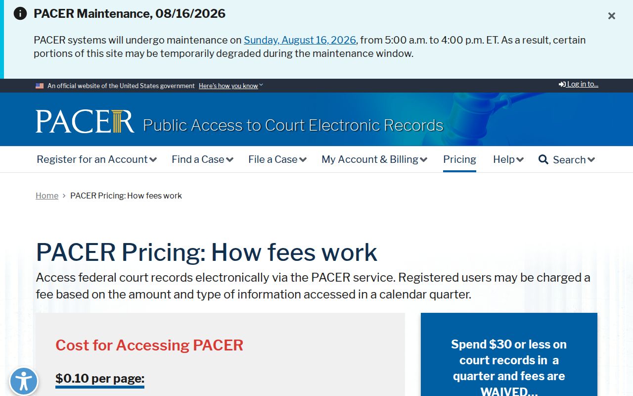 Idaho Springs court docket federal PACER pricing information