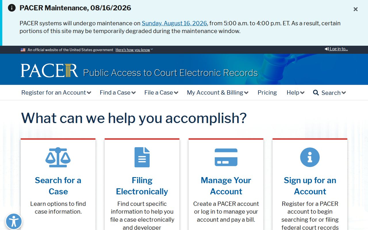 Idaho Springs court docket access through the PACER federal system